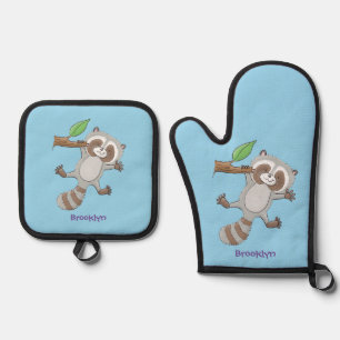 Cute happy raccoon baby cartoon illustration oven mitt & pot holder set