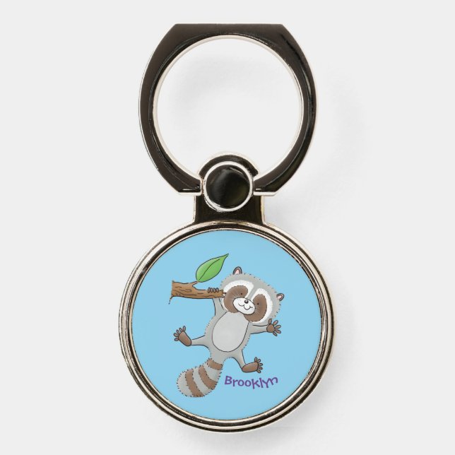 Cute happy raccoon baby cartoon illustration phone ring stand (Front)