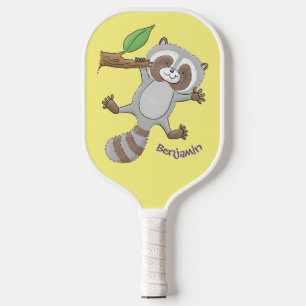 Cute happy raccoon baby cartoon illustration  pickleball paddle