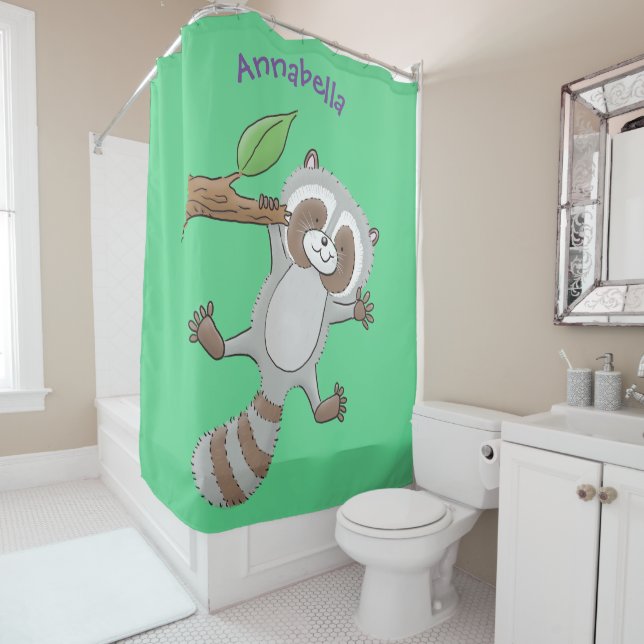 Cute happy raccoon baby cartoon illustration shower curtain (In Situ)