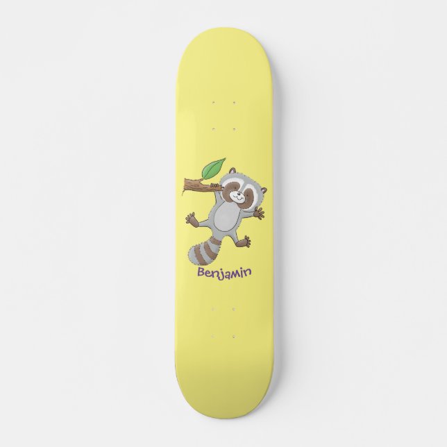 Cute happy raccoon baby cartoon illustration skateboard (Front)
