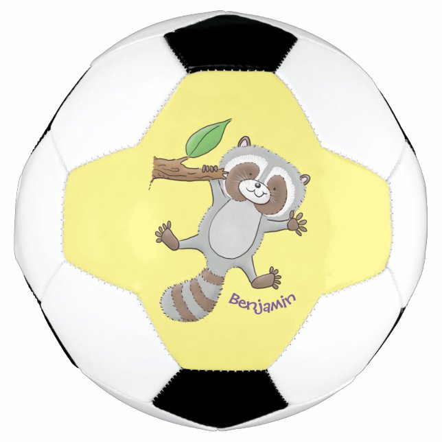Cute happy raccoon baby cartoon illustration soccer ball (Front)