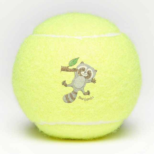 Cute happy raccoon baby cartoon illustration tennis balls (Front)