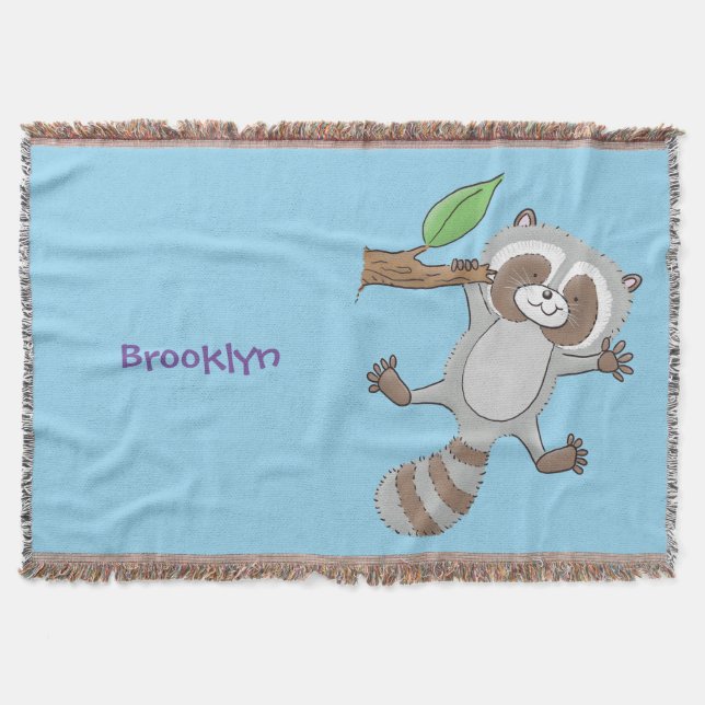 Cute happy raccoon baby cartoon illustration throw blanket (Front)