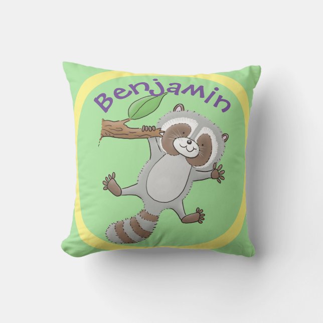 Cute happy raccoon baby cartoon illustration throw pillow (Front)