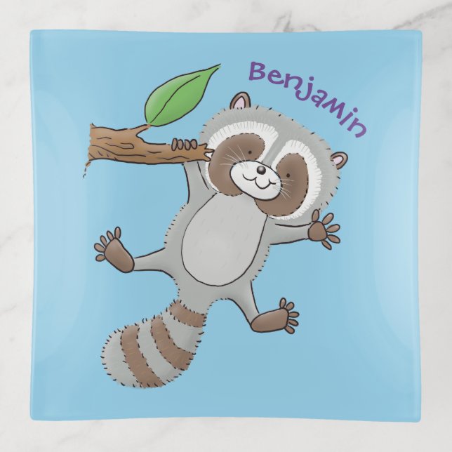 Cute happy raccoon baby cartoon illustration trinket tray (Front)