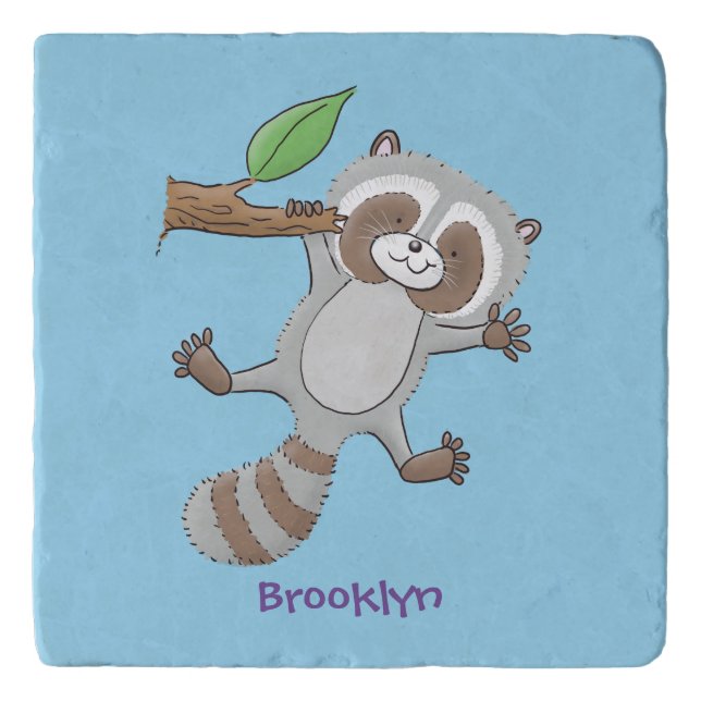 Cute happy raccoon baby cartoon illustration trivet (Front)