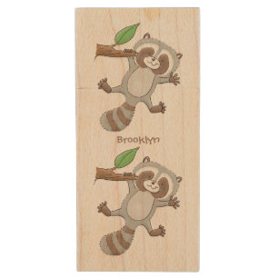 Cute happy raccoon baby cartoon illustration wood flash drive