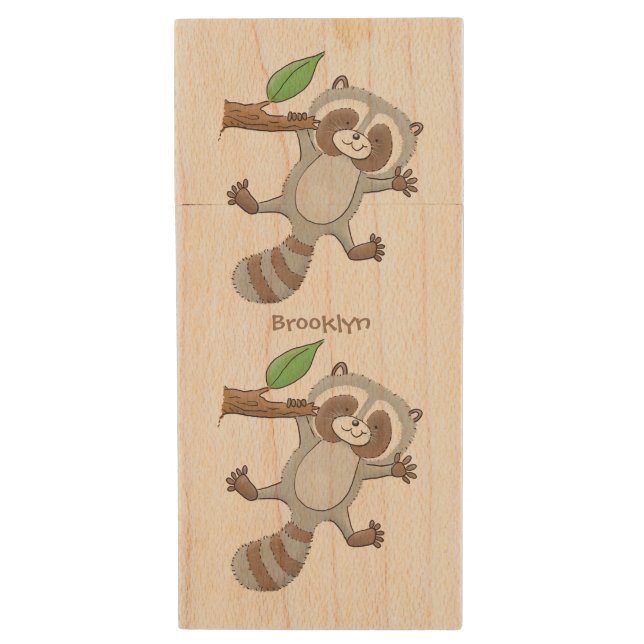 Cute happy raccoon baby cartoon illustration wood flash drive (Front Vertical)