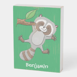 Cute happy raccoon baby cartoon illustration wooden box sign