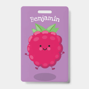 Cute happy raspberry cartoon illustration badge