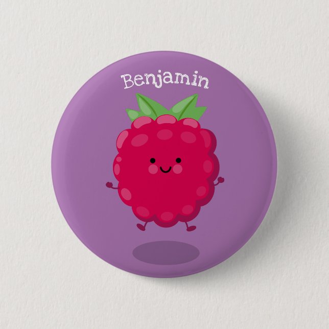 Cute happy raspberry cartoon illustration button (Front)