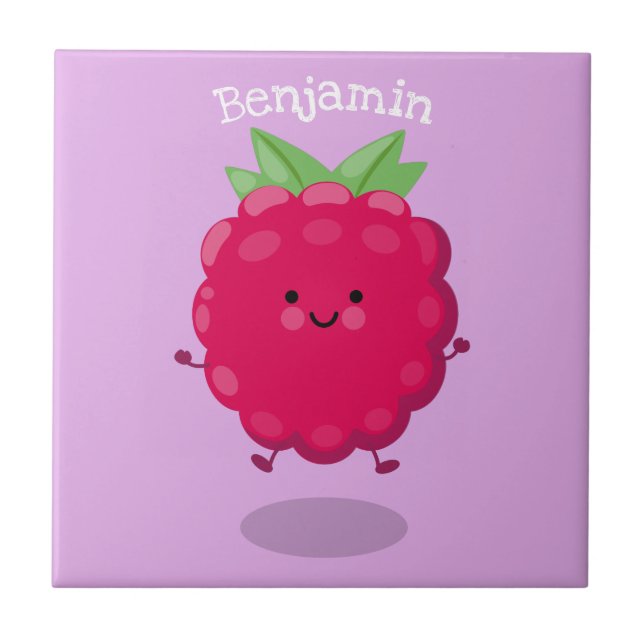 Cute happy raspberry cartoon illustration ceramic tile (Front)