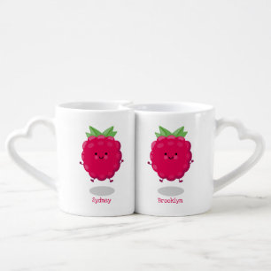 Cute happy raspberry cartoon illustration coffee mug set