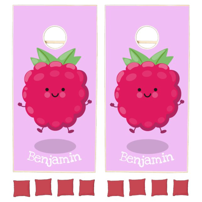 Cute happy raspberry cartoon illustration cornhole set (Set)