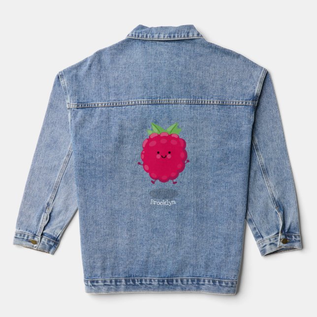 Cute happy raspberry cartoon illustration denim jacket (Back)