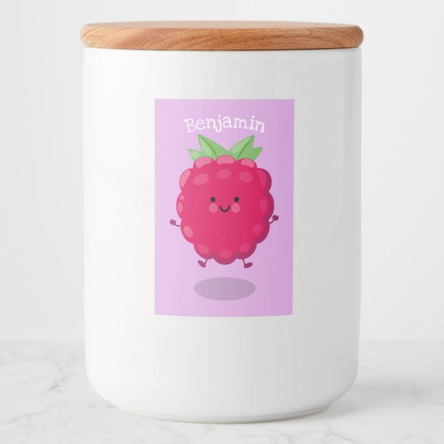 Cute happy raspberry cartoon illustration food label (Front)
