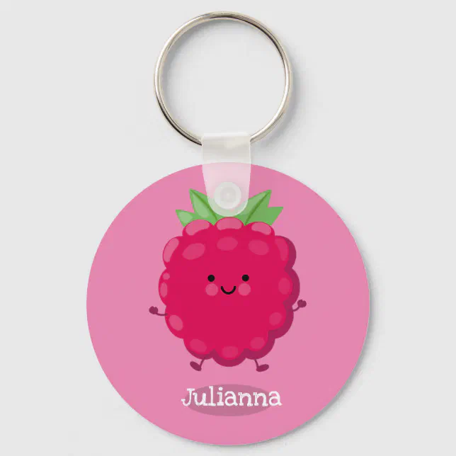Cute happy raspberry cartoon illustration keychain | Zazzle