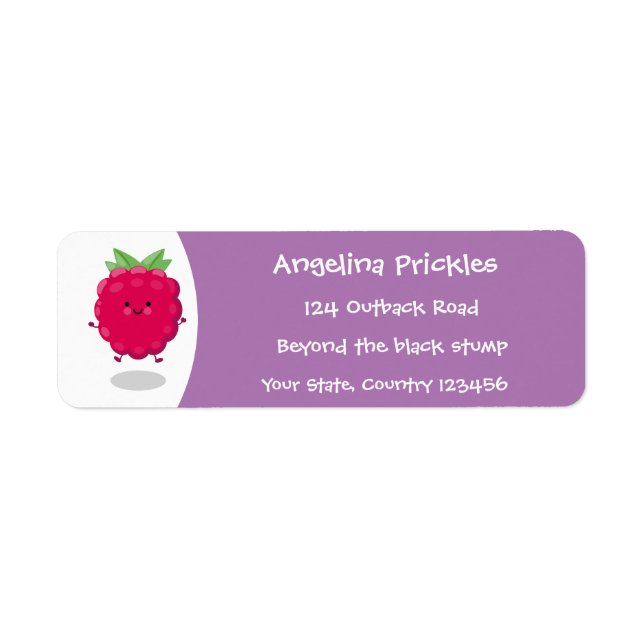 Cute happy raspberry cartoon illustration label (Front)