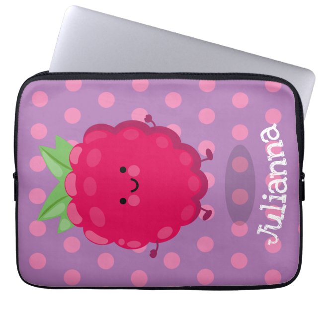 Cute happy raspberry cartoon illustration laptop sleeve (Front)
