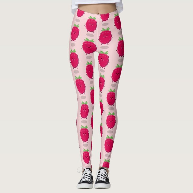 Cute happy raspberry cartoon illustration leggings (Front)