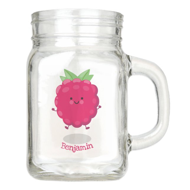 Cute happy raspberry cartoon illustration mason jar (Front)