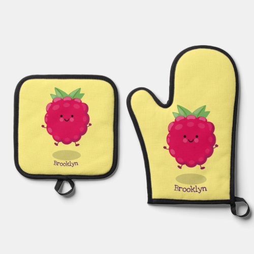 Cute happy raspberry cartoon illustration oven mitt  pot holder set