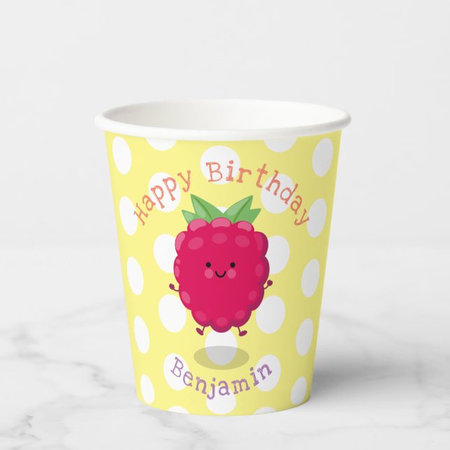 Cute happy raspberry cartoon illustration paper cups (Front)