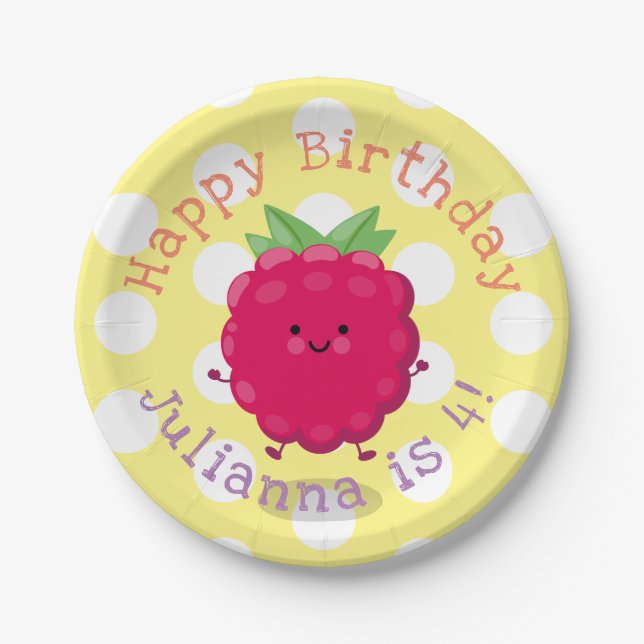 Cute happy raspberry cartoon illustration paper plates (Front)