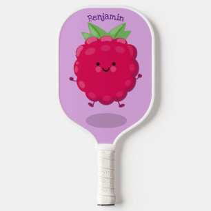 Cute happy raspberry cartoon illustration pickleball paddle