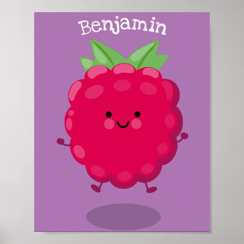 Cute happy raspberry cartoon illustration poster