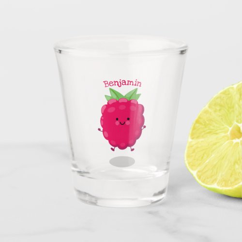 Cute happy raspberry cartoon illustration  shot glass