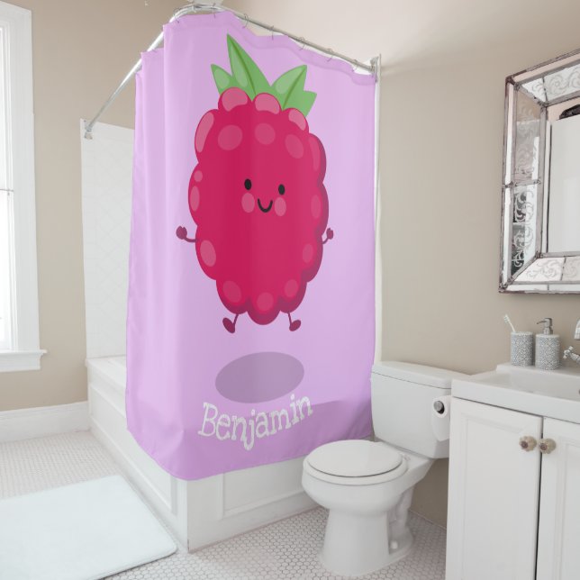 Cute happy raspberry cartoon illustration shower curtain (In Situ)