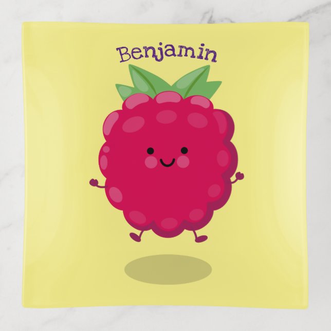 Cute happy raspberry cartoon illustration trinket tray (Front)