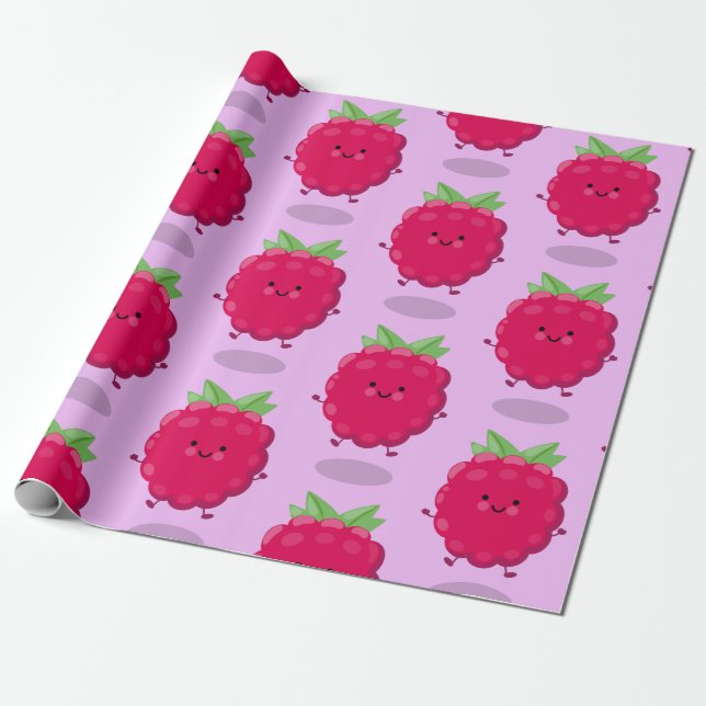 Cute happy raspberry cartoon illustration wrapping paper (Unrolled)