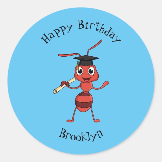 Cute happy red ant cartoon  classic round sticker (Front)