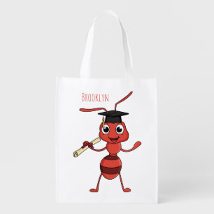 Cute happy red ant cartoon grocery bag