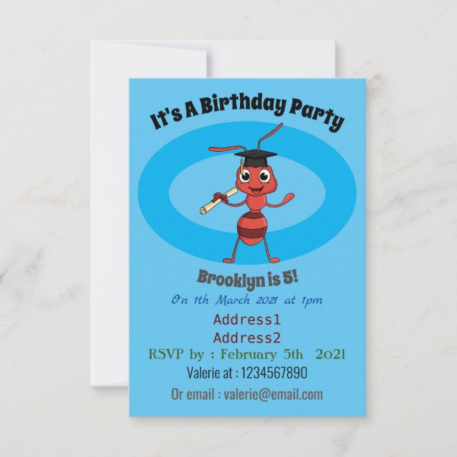 Cute happy red ant cartoon invitation (Front)
