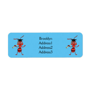 Cute happy red ant cartoon label