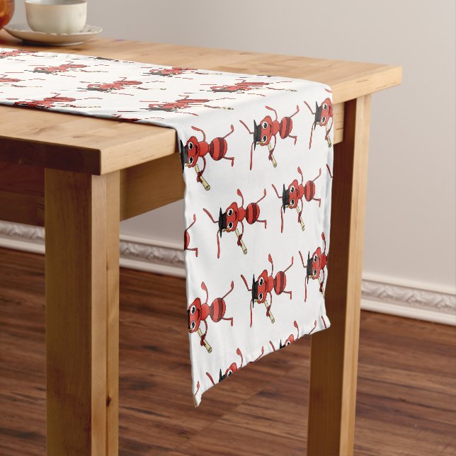 Cute happy red ant cartoon  short table runner (In Situ)