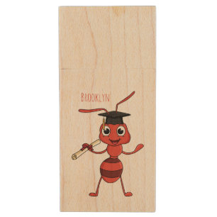 Cute happy red ant cartoon  wood flash drive