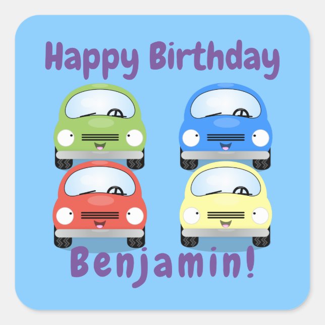 Cute happy red car cartoon illustration square sticker (Front)