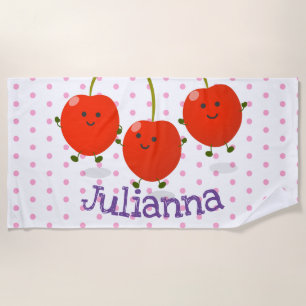 Cute happy red cherries cartoon illustration beach towel