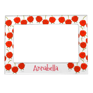 Cute  happy red cherries cartoon illustration magnetic frame