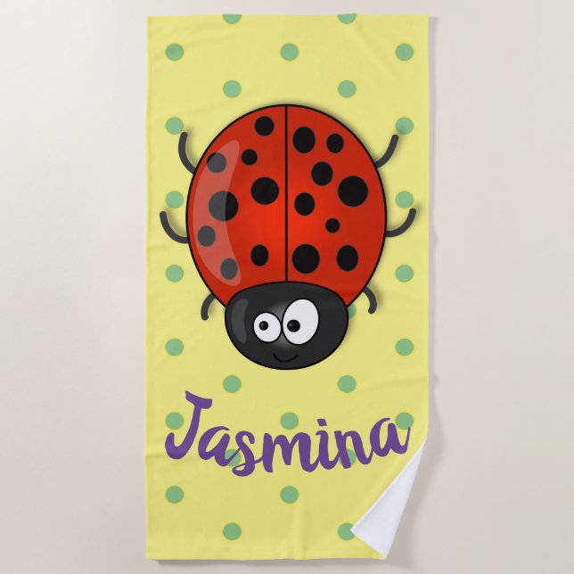 Cute happy red ladybug cartoon illustration beach towel (Front)