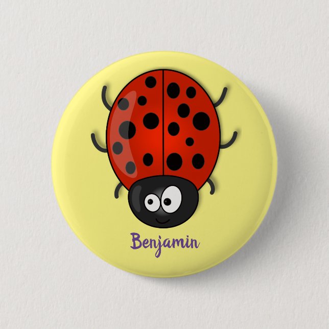 Cute happy red ladybug cartoon illustration button (Front)