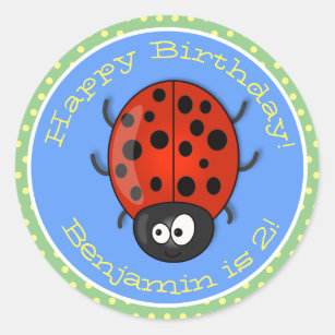 Cute happy red ladybug cartoon illustration classic round sticker