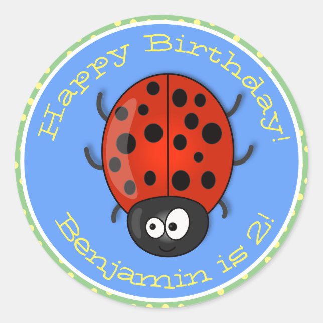 Cute happy red ladybug cartoon illustration classic round sticker (Front)