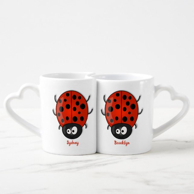 Cute happy red ladybug cartoon illustration coffee mug set (Back Nesting)