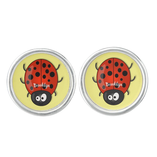Cute happy red ladybug cartoon illustration cufflinks (Front)